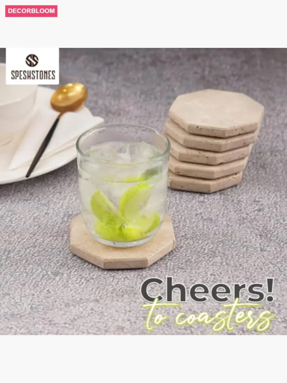 Set of 6 Travertine Marble Drink Coasters Octagon Shape with Felt Bottom